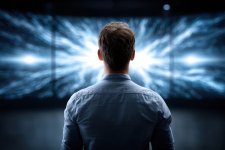 A person stands in a dimly lit room, captivated by vibrant and dynamic digital visuals displayed on multiple screens.の写真素材