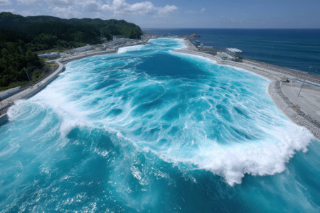 Powerful waves surge towards the coast under a bright blue sky, creating a striking ocean view.の写真素材