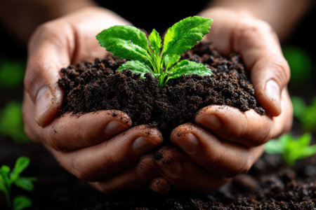 Hands cradle fresh soil with a sprouting plant, symbolizing growth and care in a lush gardenの写真素材