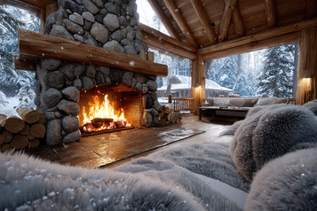 Warm flames flicker in a stone fireplace, inviting comfort in a cozy cabin amidst a snowy winter landscape.の写真素材