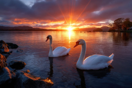 Two elegant swans swim in a tranquil lake as the sun sets, casting orange and purple hues in the sky.の写真素材