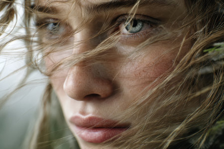 A woman with striking blue eyes gazes thoughtfully as her hair dances in the wind, surrounded by nature.の写真素材