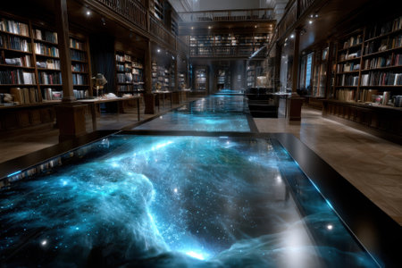 Visitors explore a striking library featuring illuminated galaxy visuals underfoot and walls of books.の写真素材