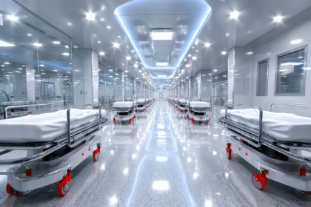 A spacious hospital corridor is lined with empty hospital beds, illuminated by bright ceiling lights.の写真素材