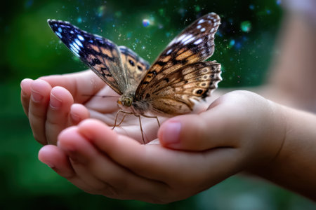 A child cradles a delicate butterfly in their hands, surrounded by lush greenery in soft afternoon light.の素材