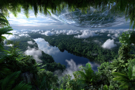 A vibrant jungle filled with greenery surrounds a calm river reflecting fluffy clouds above it.の写真素材