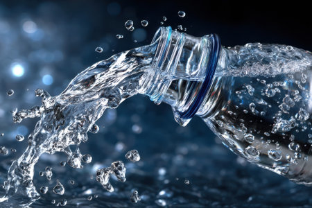 Water flows energetically from an opened bottle, forming beautiful droplets against a dark blue background.の写真素材
