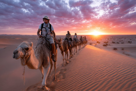 A group of travelers rides camels across golden sand dunes during a beautiful sunset with vibrant clouds.の素材