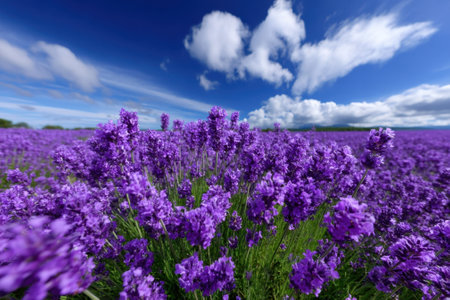 Purple lavender blooms stretch across a vast field, vibrant against the clear sky and fluffy clouds.の写真素材