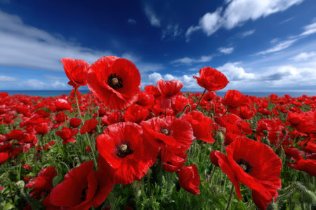 A field filled with bright red poppies blooms under a clear blue sky with fluffy white clouds.の写真素材