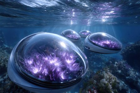 Futuristic submersibles navigate through colorful reefs, illuminating the aquatic world below.の写真素材