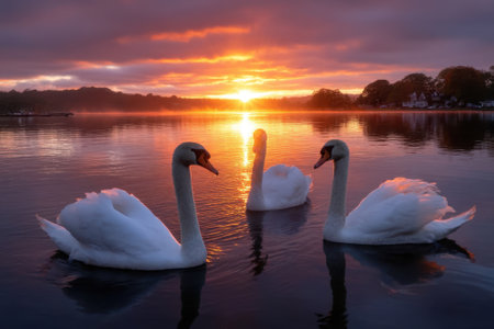 Three elegant swans float peacefully on the lake as the sun rises, creating a beautiful, serene moment.の写真素材