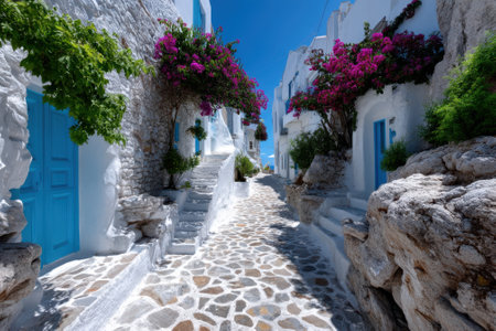 Strolling down a picturesque street adorned with vibrant flowers and white buildings under clear skies.の写真素材