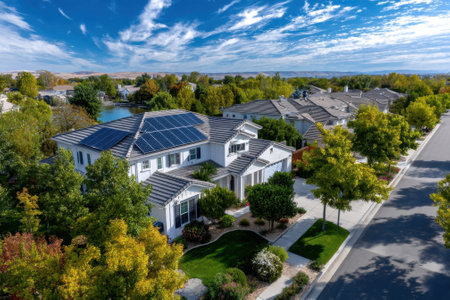 A large modern residence showcases solar panels while surrounded by lush trees along a quiet street.の写真素材