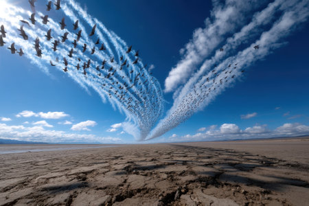 Flocks of birds soar above cracked earth, leaving trails against a bright blue sky with fluffy clouds.の写真素材