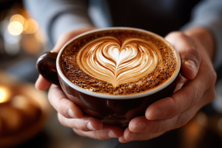 Two hands gently cradle a warm cup of coffee featuring intricate heart-shaped latte art.の写真素材