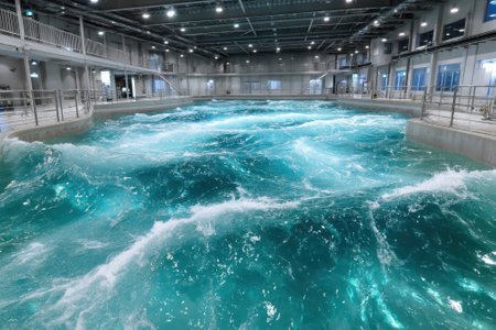 A large indoor wave pool demonstrates powerful waves, used for marine research and surf training.の写真素材