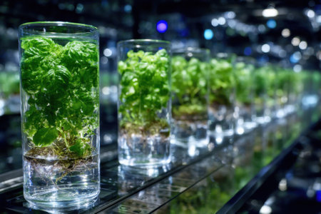 Fresh herbs are growing in transparent glass containers, showing roots and green leaves in a stylish environment.の写真素材