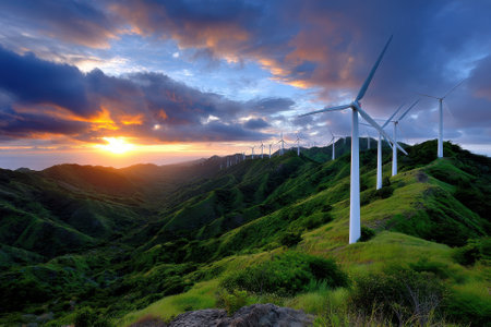 Turbines stood tall on lush hills as the sun sets, painting the sky in vibrant colors over the landscape.の写真素材