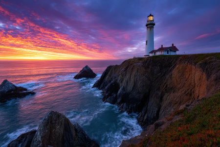 A vibrant sunset casts brilliant colors over the ocean, illuminating a lighthouse and rocky shore.の写真素材