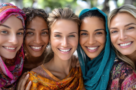 Five women with various features smile joyfully together while enjoying a sunny day outdoors.の写真素材