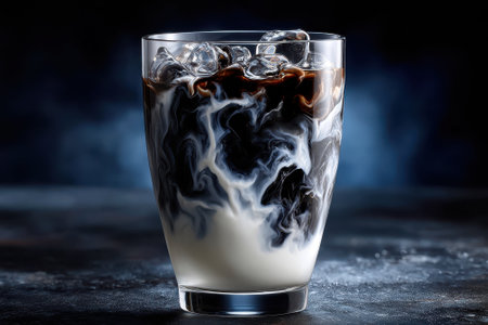 A glass filled with ice showcases cold brew coffee swirling with cream in an elegant display.の写真素材