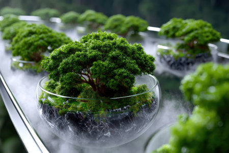 Beautifully arranged miniature bonsai trees in transparent bowls create a serene atmosphere filled with mist.の写真素材