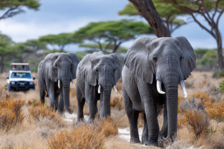 Three elephants walk along a dirt path in a savanna landscape with sparse trees and cloudy weather.の写真素材