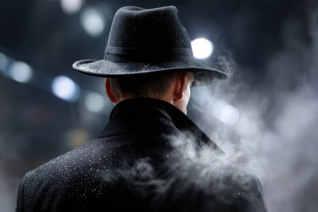 A person in a dark coat and hat stands with their back to the viewer, surrounded by mist and rain.の写真素材