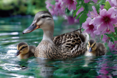 A mother duck and her two ducklings swim gracefully in a tranquil pond surrounded by blooming pink flowers.の写真素材