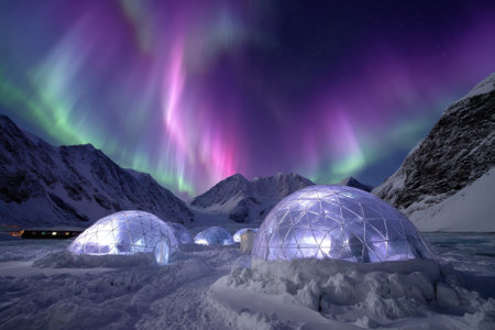 Colorful northern lights illuminate the night sky above igloos in a winter wonderland setting.の写真素材