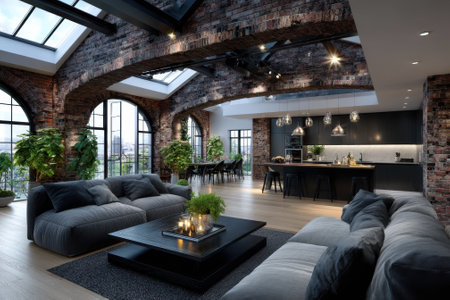 Contemporary loft features high ceilings, brick walls, and a spacious layout with natural light streaming in.の写真素材
