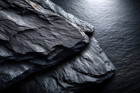 Textured dark slate rocks are arranged in layers, reflecting soft light creating a serene ambiance.の写真素材