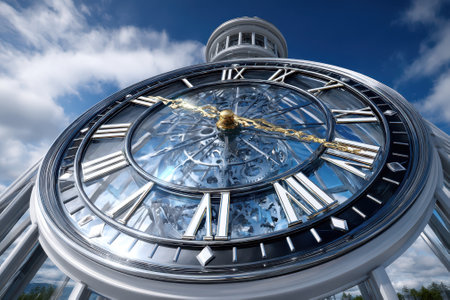 A striking clock tower features ornate gears and Roman numerals under a clear blue sky with fluffy clouds.の写真素材