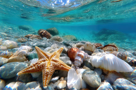 Beneath the surface, a vibrant starfish rests among various shells on a sandy seabed in clear water.の写真素材