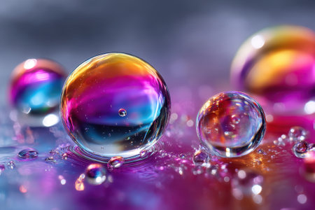 Water droplets of various sizes display a spectrum of colors, creating an artistic and lively visual effect.の素材