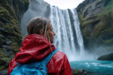 A figure in a red jacket stands by a stunning waterfall in Iceland, surrounded by lush greenery and rain.の写真素材