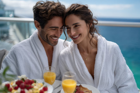 Pair relaxes in white robes savoring a delicious breakfast with refreshing beverages on a balcony.の写真素材