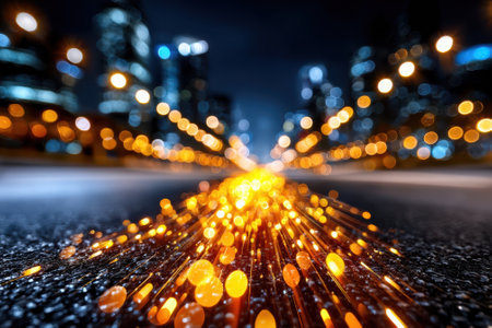 Bright streaks of light cascade down an empty city street under a starry night sky with glowing buildings nearby.の写真素材