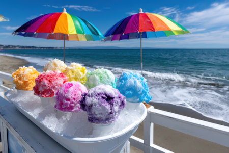 Brightly colored ice cream scoops sit on ice next to colorful umbrellas at a sandy beach under clear skies.の写真素材