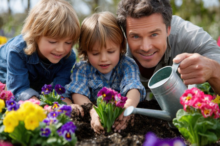 A man and two children are planting flowers in a vibrant garden during a sunny spring day.の写真素材