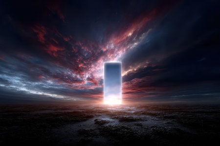A bright monolith looms against a colorful sky of swirling clouds, casting surreal twilight light.の写真素材