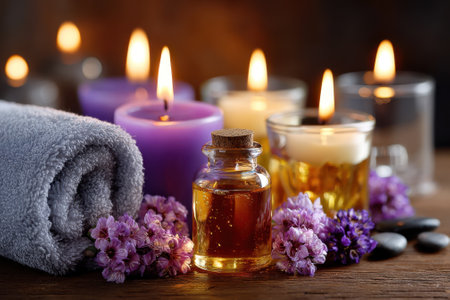 A tranquil spa arrangement features glowing candles, colorful essential oil, and soft towels among flowers.の写真素材