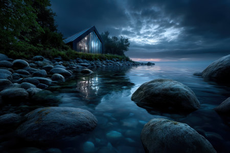 A cozy cabin stands by a still lake as twilight sets in, reflecting on calm waters surrounded by rocks.の写真素材