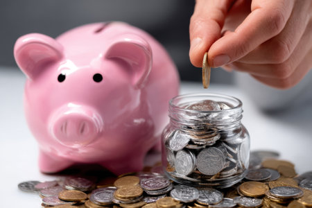 A hand is placing a coin into a piggy bank next to a jar filled with various coins on a table.の写真素材
