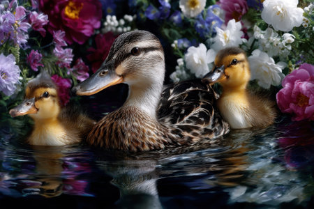 A mother duck swims gracefully with her two fluffy ducklings in a pond surrounded by colorful flowers.の写真素材