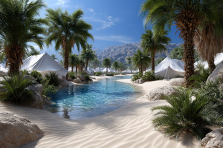 Amidst golden sands and lush palm trees, a peaceful oasis offers refreshing water and a tranquil escape.の写真素材