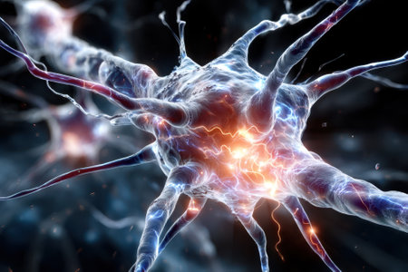 Vibrant neurons transmit electrical signals, showing connectivity in a neural network within the brain.の写真素材