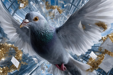 A bird soars through a dynamic environment filled with floating envelopes and gleaming gold elements.の写真素材