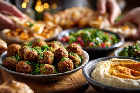 Friends enjoy a flavorful array of Mediterranean cuisine featuring fresh falafel, dips, and salads.の写真素材